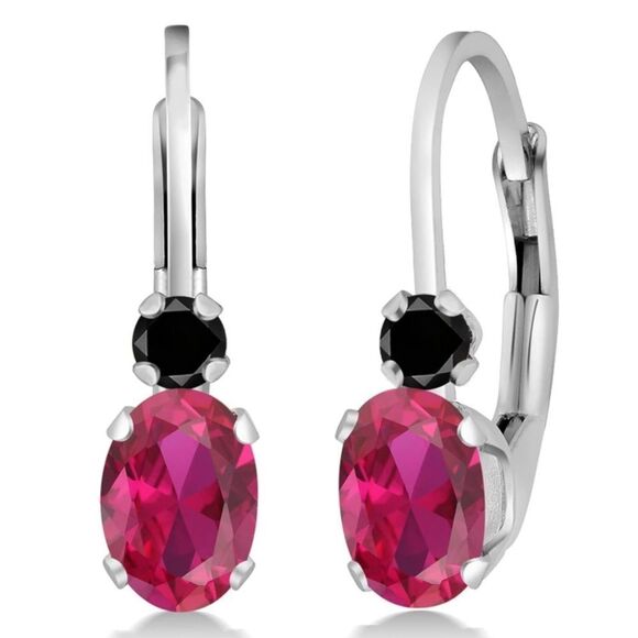 18K White Gold with 1.07 Cttw Ruby and Black Diamond Leverback Drop Earrings - Picture 1 of 5